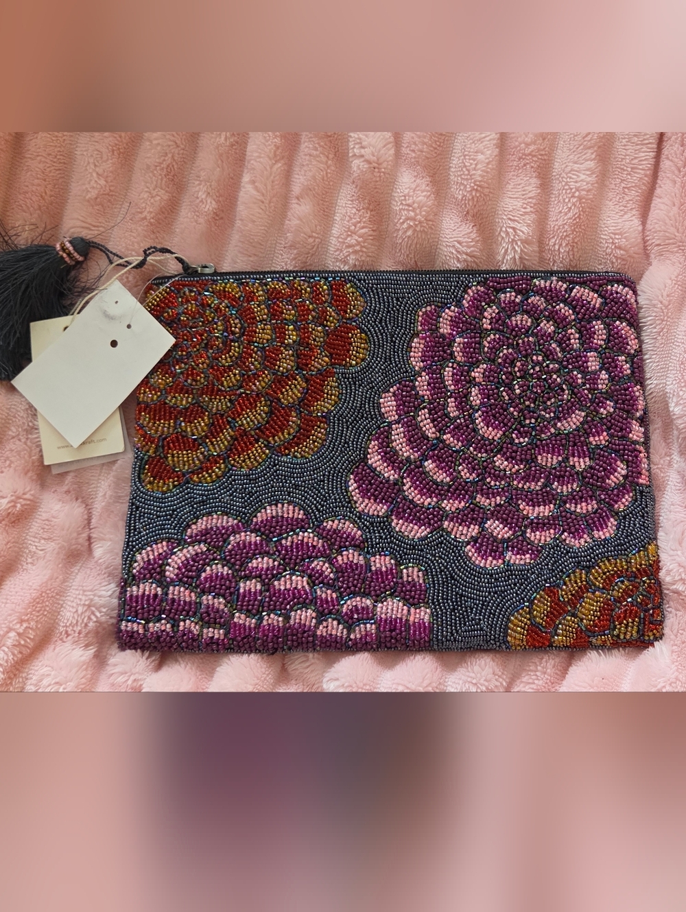 Antik Kraft Beaded Floral Zip Pouch - Pink Multicolor